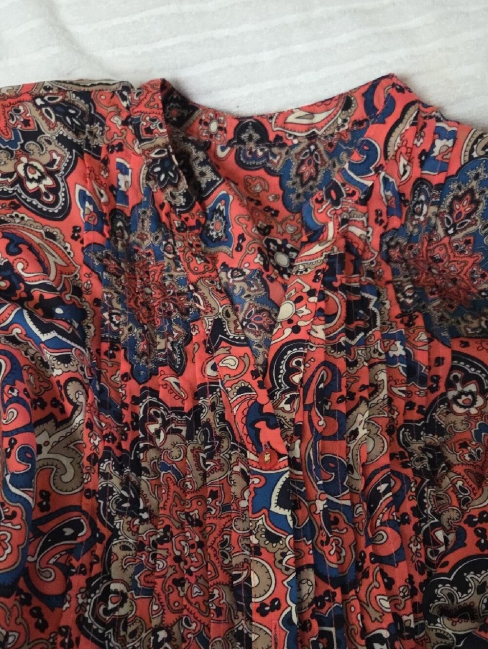 Boho Coral Paisley Women’s Peasant Top, Business Causual, Silky Feel, Lightweigh - Picture 2 of 7
